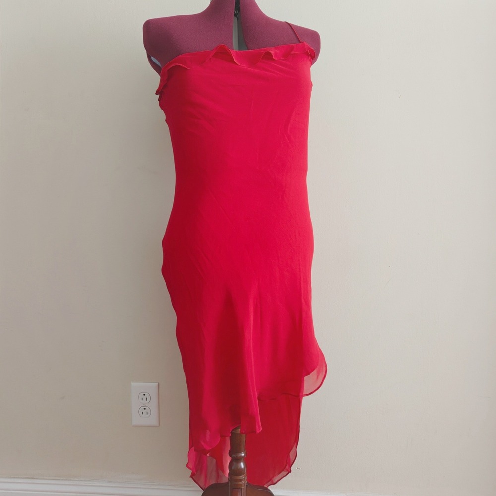 Express Red 100% Silk High Low Ruffle Midi Dress NWT Size 9/10 Sleeveless